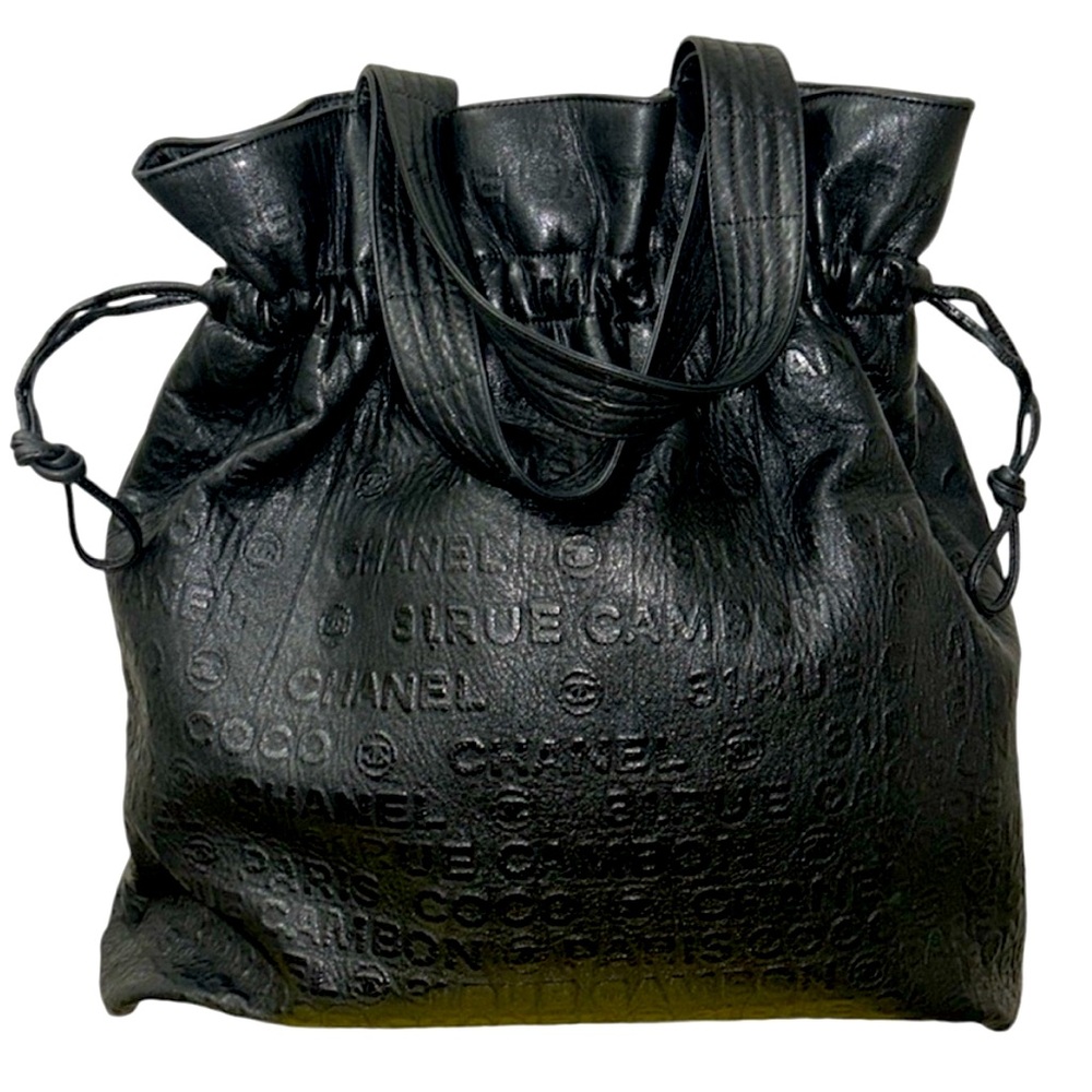 CHANEL Black Embossed Leather Drawstring Tote